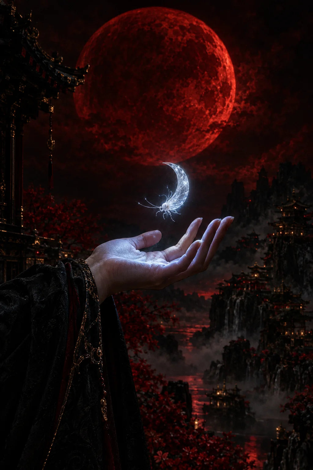 A crescent Moonlight Gu glowing above an open palm under a blood moon