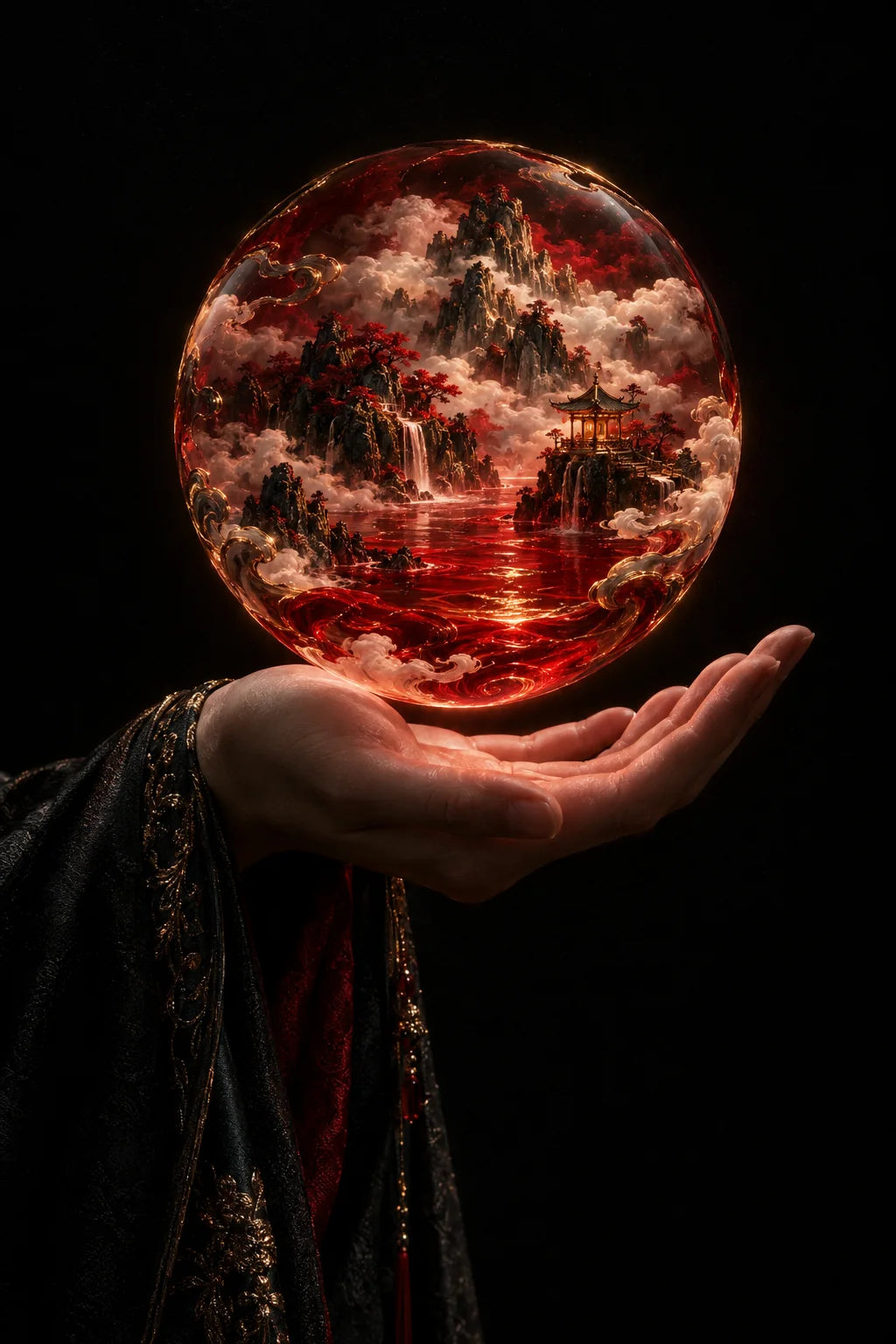 A miniature blessed land glowing inside a sphere held in a palm