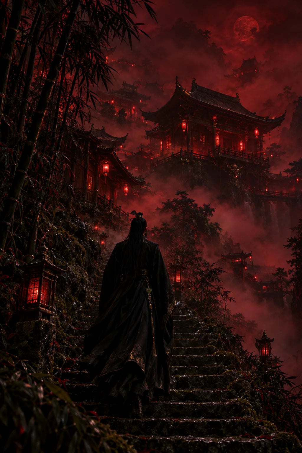 Cultivator climbing misty mountain stairs toward a lantern-lit clan village