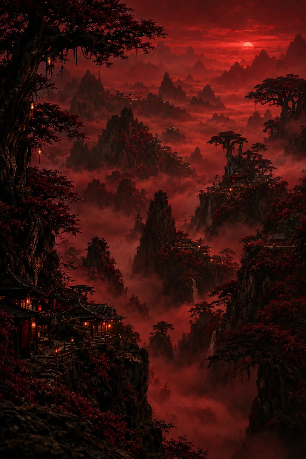 Southern Border jungle mountains in red mist