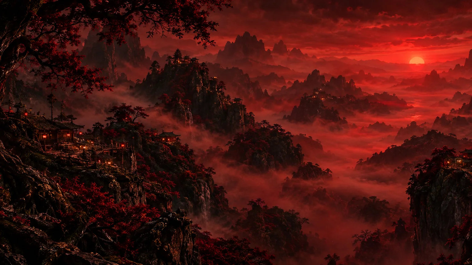 Southern Border jungle mountains in red mist