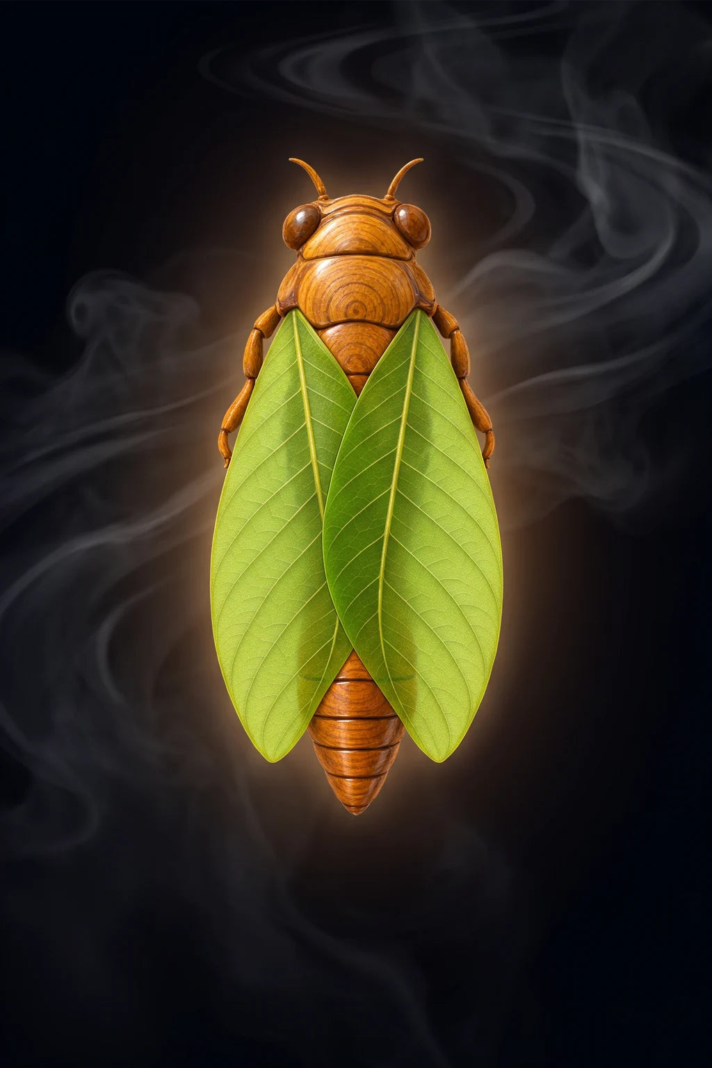 Spring Autumn Cicada with a wood-grain body and green leaf-shaped wings