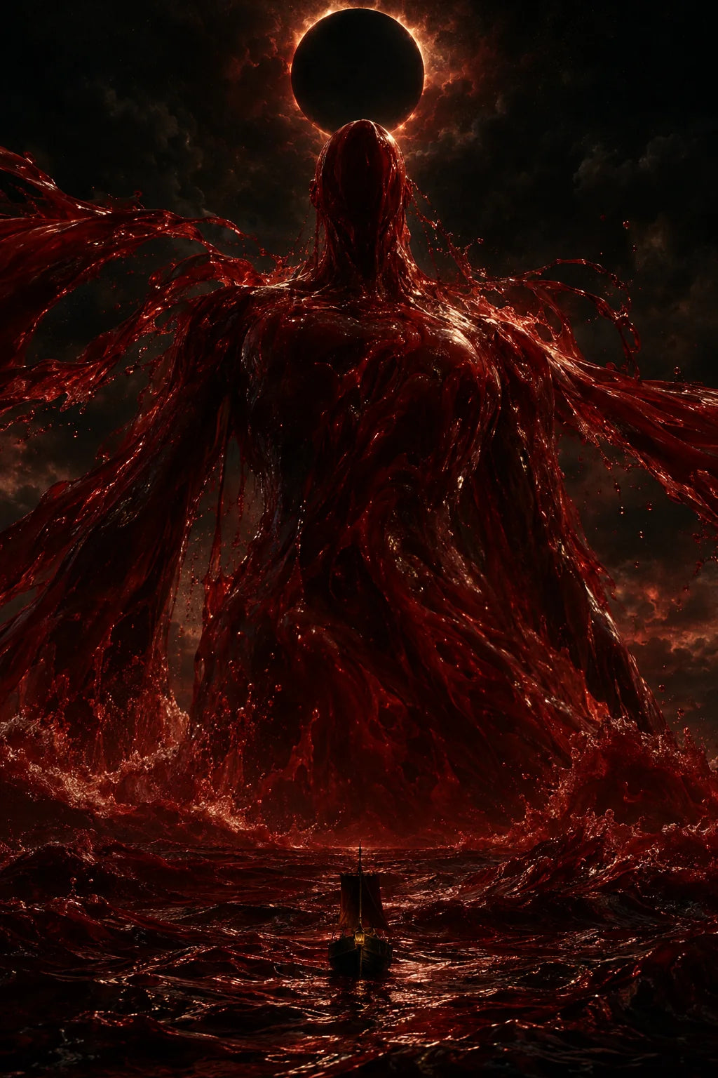 A colossus of blood rising from the sea beneath an eclipse