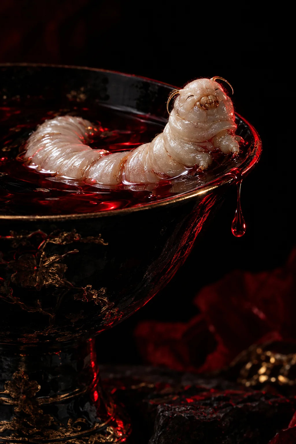 A liquor worm bathing in a cup of crimson wine