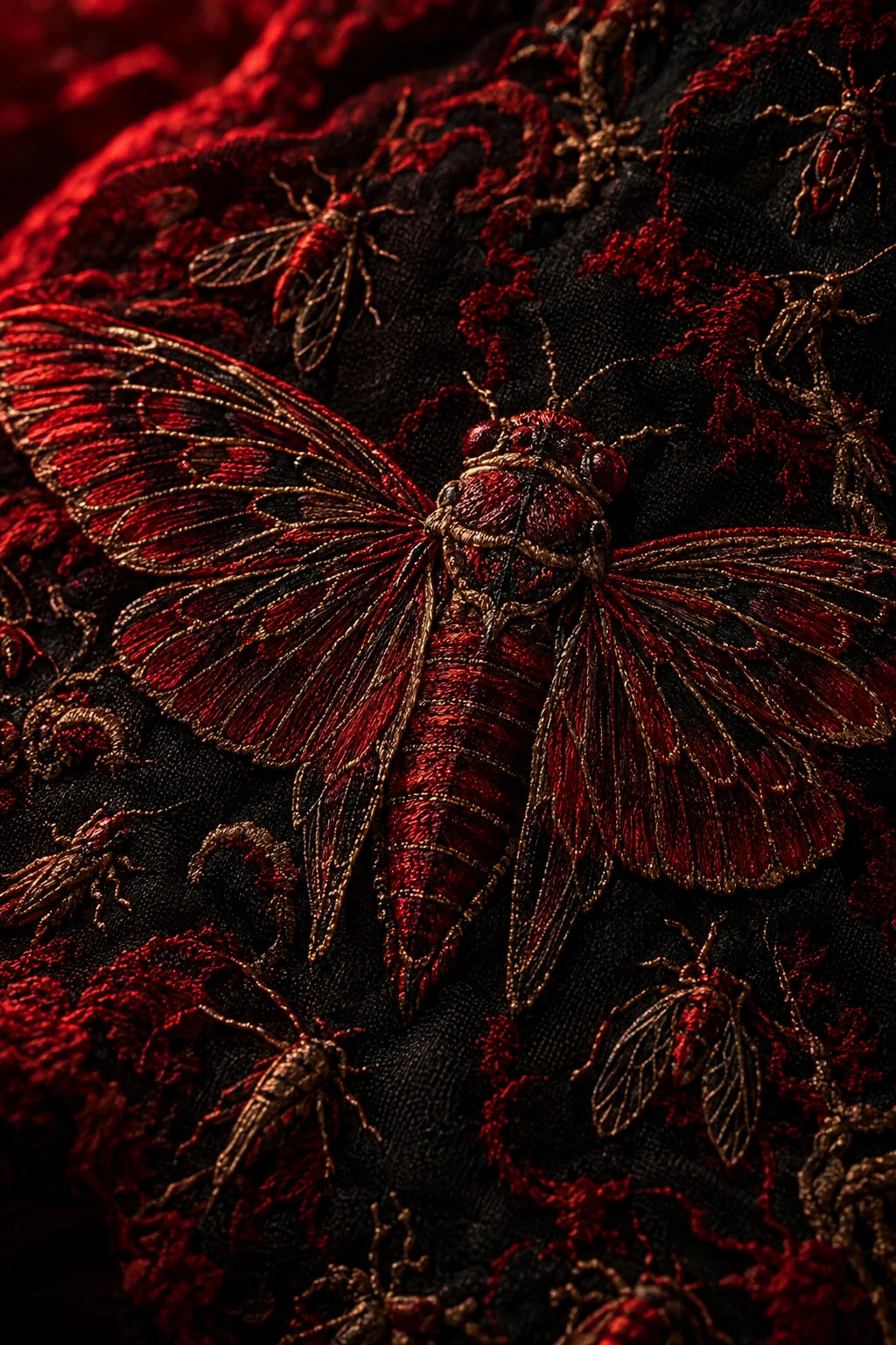 Crimson and gold embroidery of a cicada surrounded by Gu insects