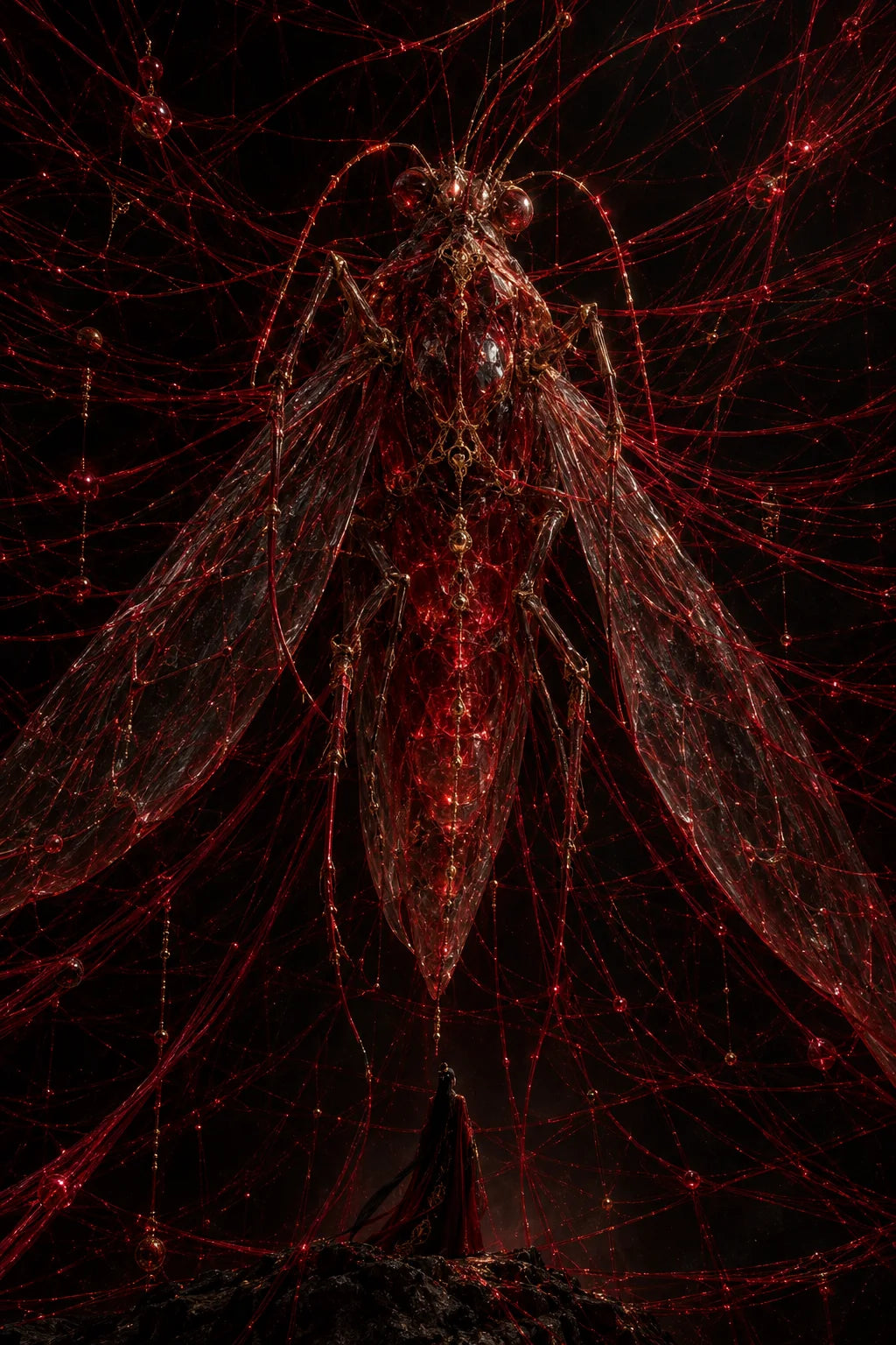 Fate Gu at the centre of a web of crimson threads