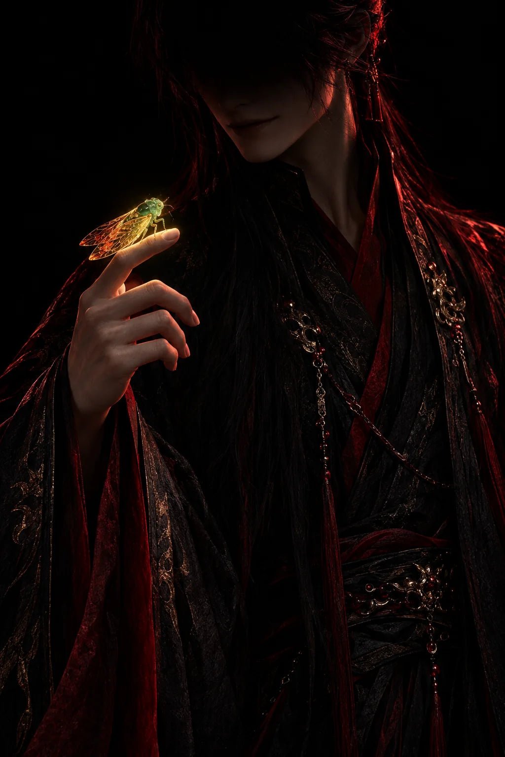 Demonic cultivator in black robes with a glowing cicada on one fingertip