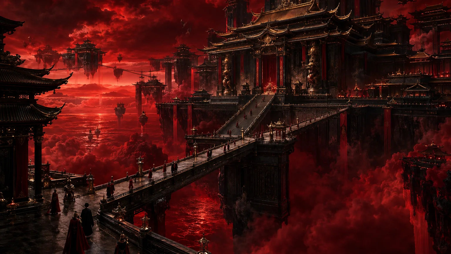 Heavenly Court floating among blood-red clouds