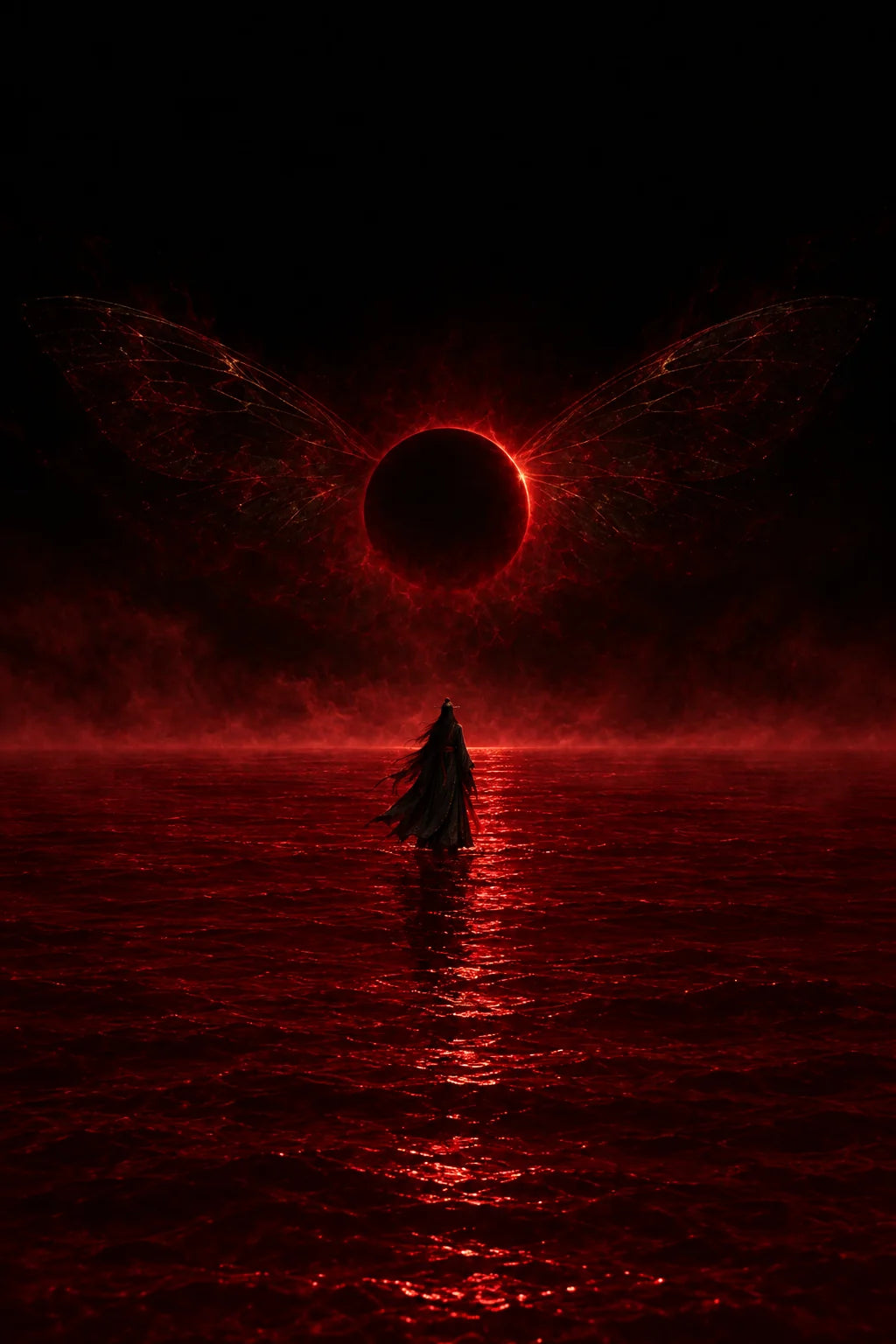 A lone cultivator standing on the Blood Sea beneath an eclipse with cicada wings