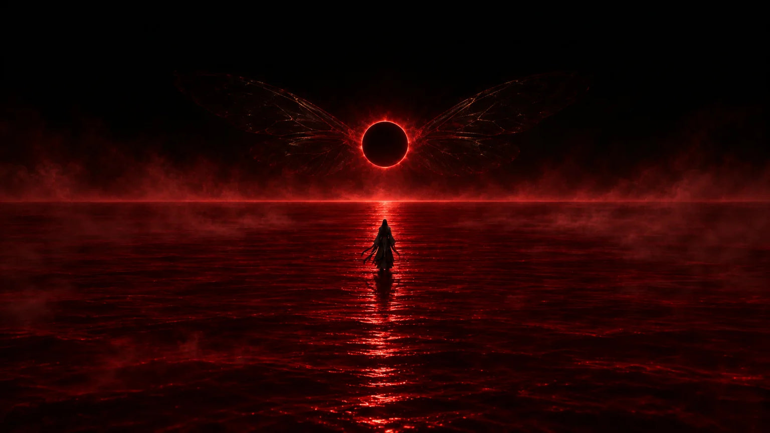 A lone cultivator standing on the Blood Sea beneath an eclipse with cicada wings