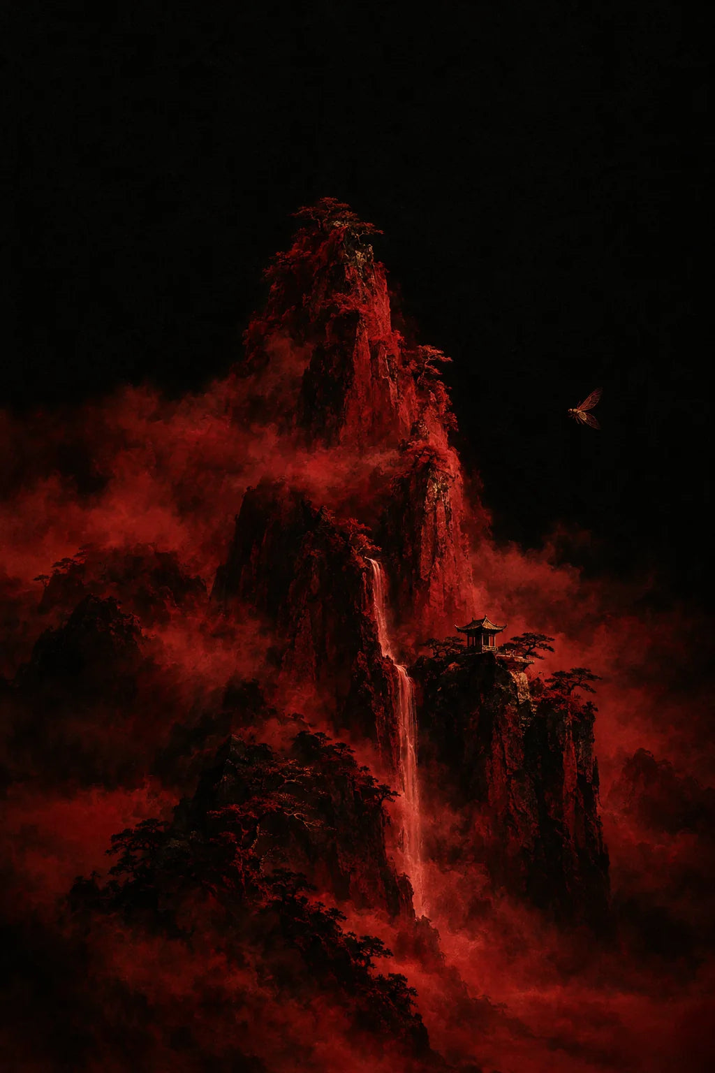 Red ink-wash mountains with bamboo and a clan village