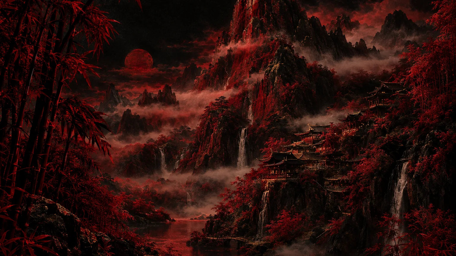 Red ink-wash mountains with bamboo and a clan village