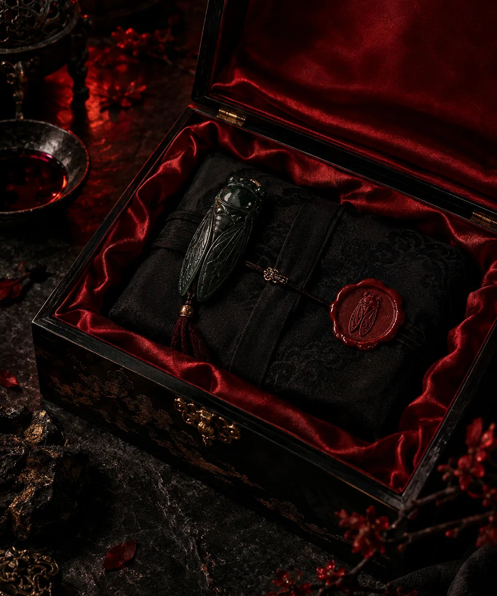 Black lacquer box holding a jade cicada token and a red wax seal