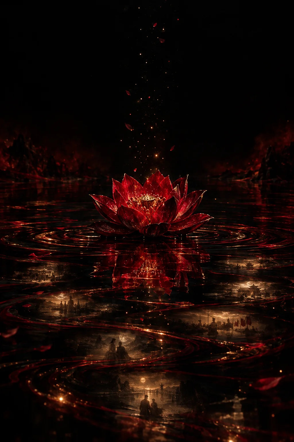 A red lotus blooming on a black river