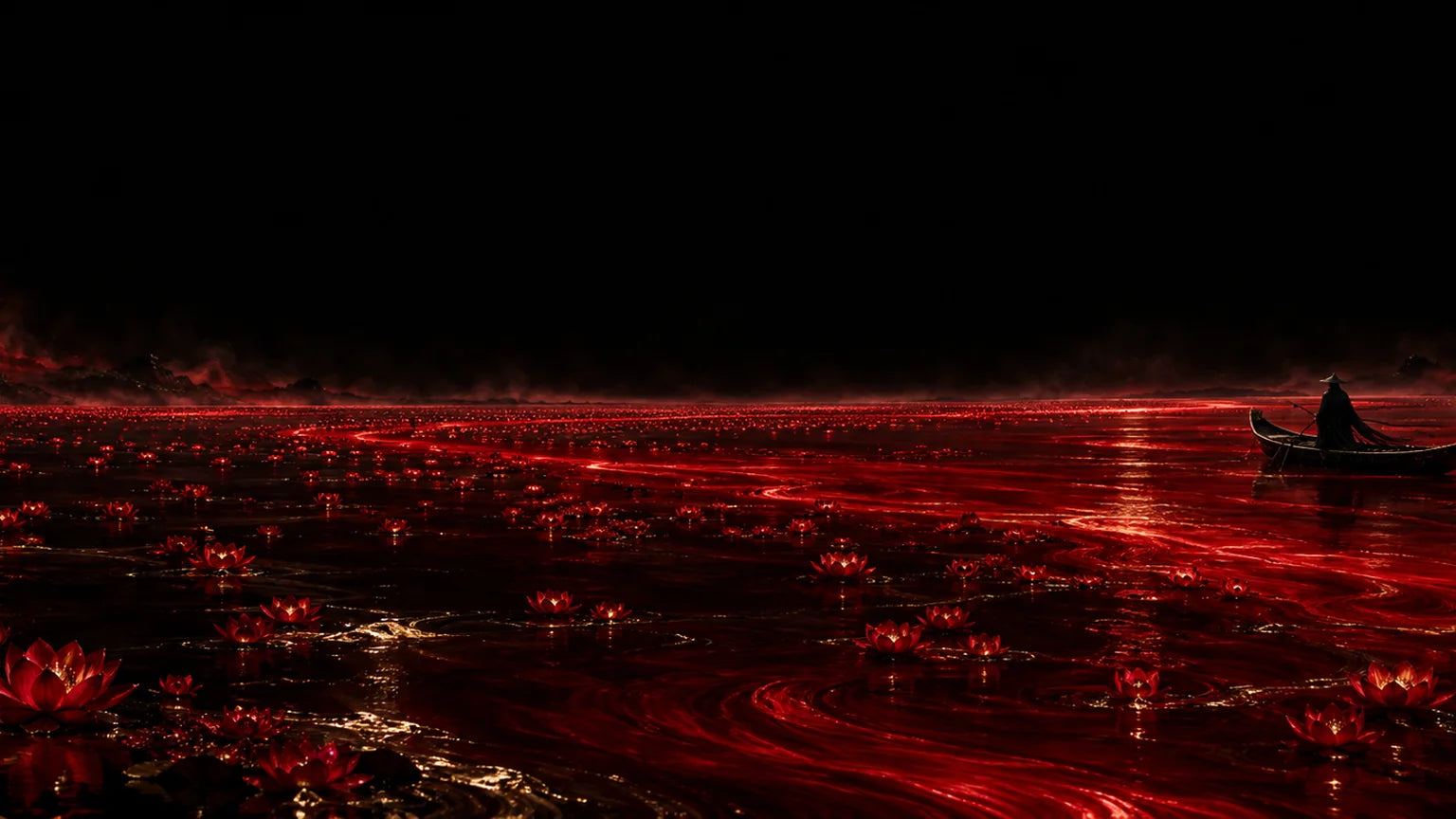 The River of Time carrying red lotuses through the void