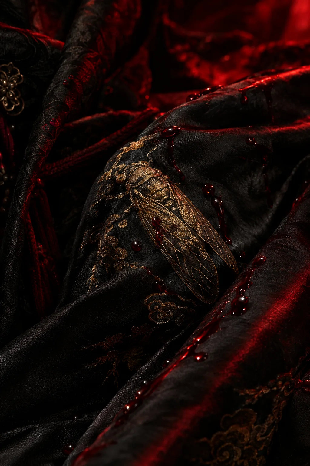 Black silk robe embroidered with golden Gu insects, streaked with blood