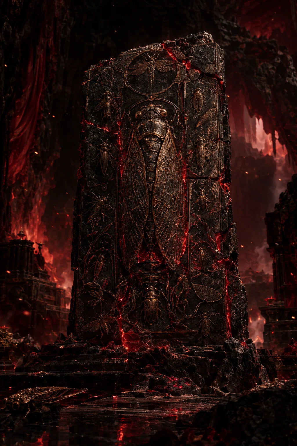 Ancient inheritance stele carved with insects, glowing red
