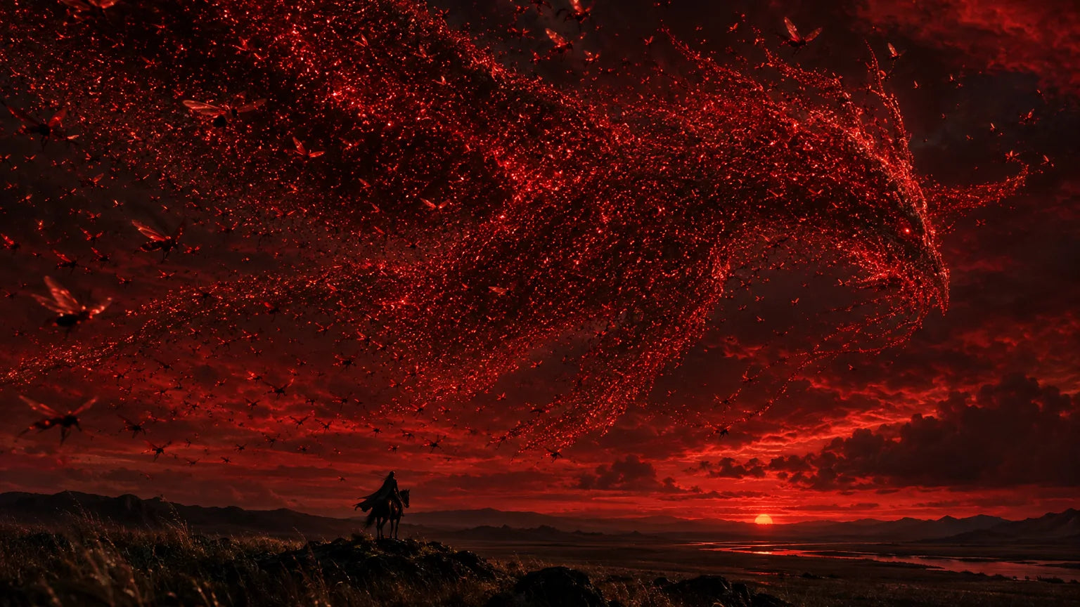 A swarm of red Gu forming a colossal beast over the plains