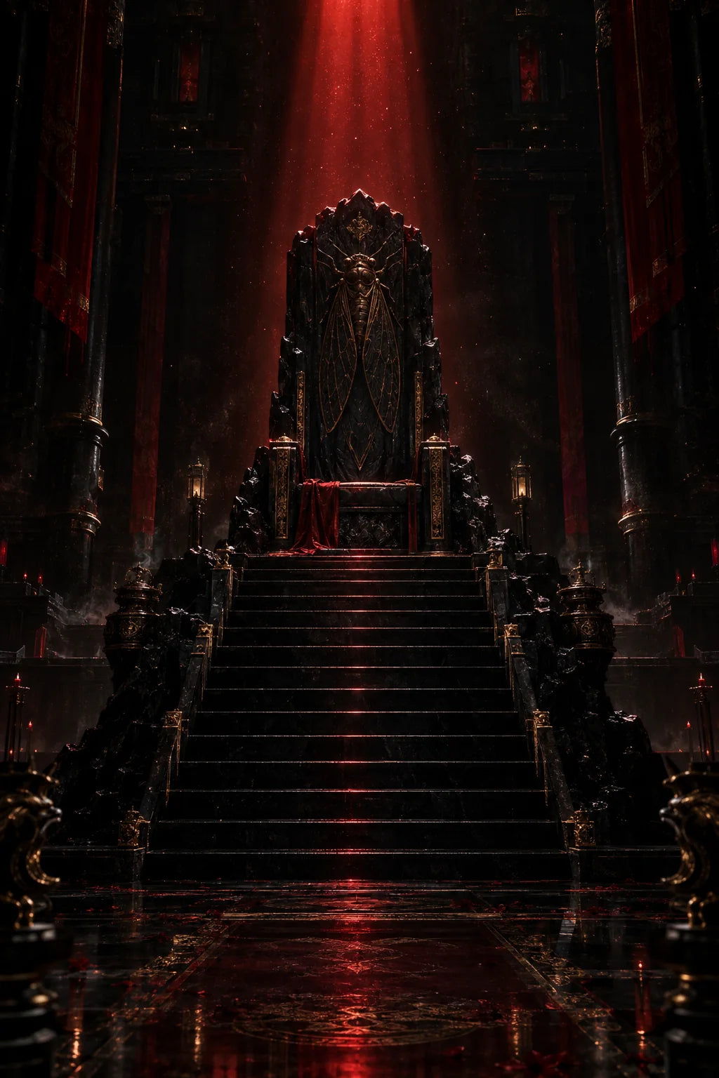 Empty obsidian throne atop nine steps in a shaft of red light
